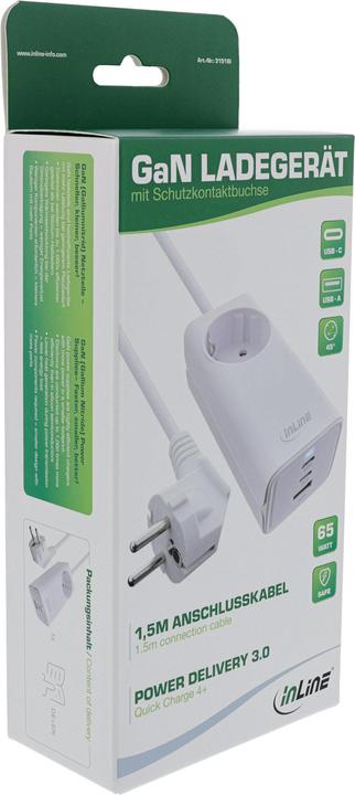Actual product image InLine USB mains adapter, 65W charger, 2x USB-C + 1x USB-A, with earthing contact socket and 1.5m cable, PD (65 W)