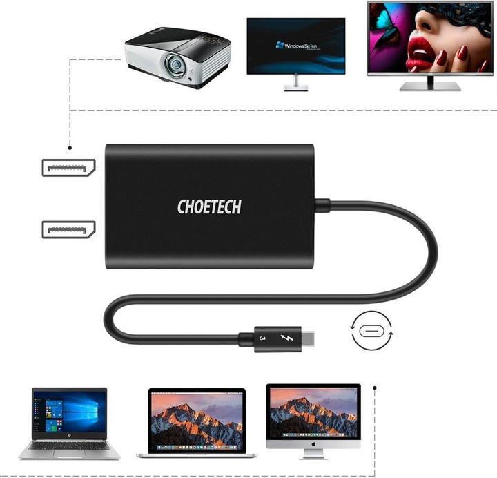 Produktbild Choetech Steckeradapter USB Typ-C Thunderbolt 3 (40 Gbit/s) auf 2 x DisplayPort 4K 60 Hz Schwarz (HU (USB Typ-C, 8.50 cm)