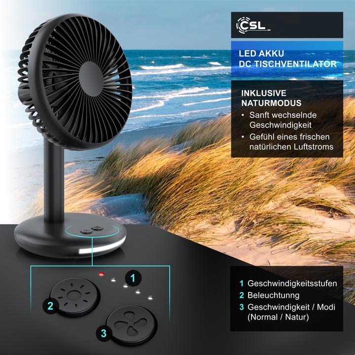Immagine prodotto CSL Akku Tischventilator, USB Mini Desk Fan, Schreibtischventilator, sehr leise, neigbar, mobiler Lüfter (46.50 dB)