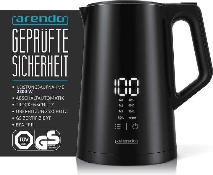 Image du produit Arendo Bouilloire, Bouilloire en acier inoxydable avec écran et sélection de la température AESTHET 1,5L (1.50 l)