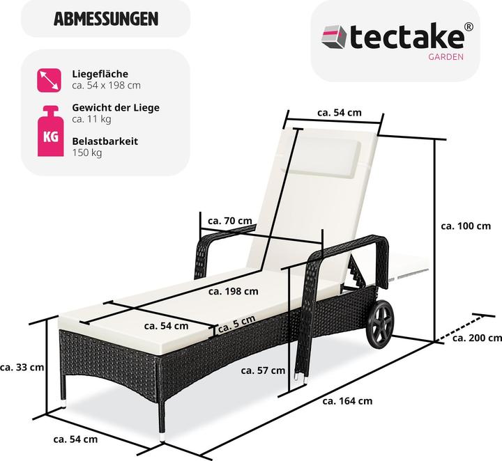 Produktbild tectake Sonnenliege Rattan mit Rollen (200 cm)