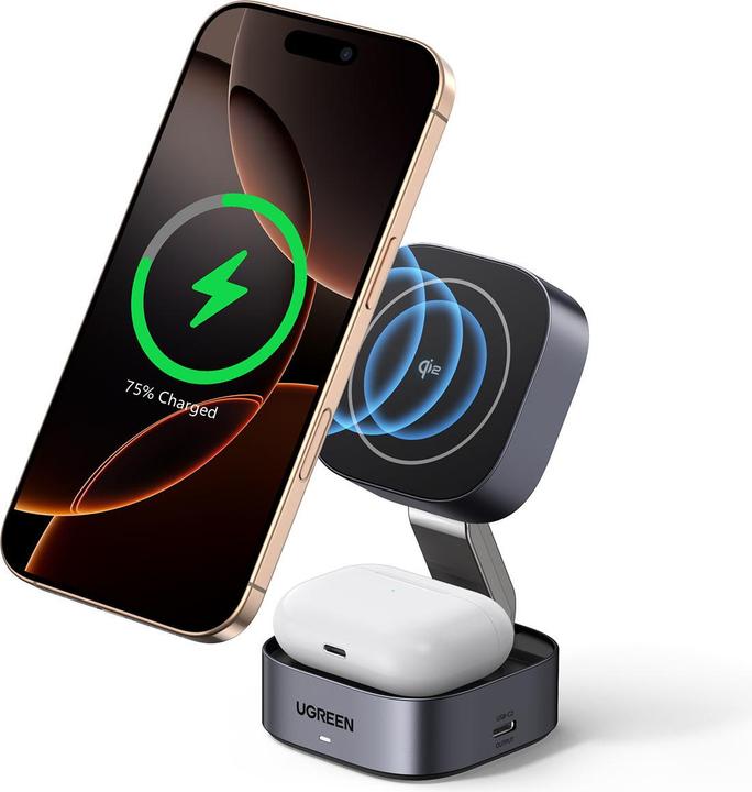 Produktbild Ugreen W702 3in1 inductive charger with MagSafe / Qi2 and USB-C port for phone / headphones - black (15 W)