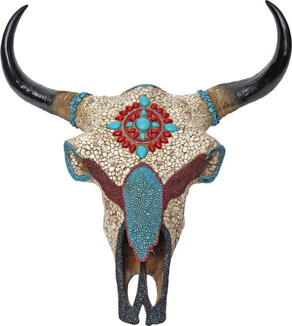 Produktbild Swisshandel24 Deko Kuhschädel HWC-D31, Stierkopf Bulle Tierkopf Kuhkopf Trophäe mit Mosaik, Polyresin 51x50x25cm