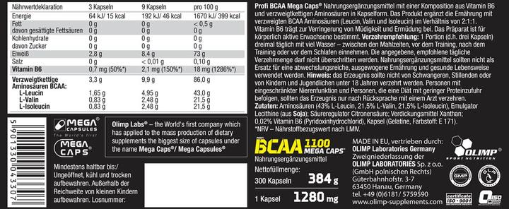 Valeurs nutritives et ingrédients Olimp Sport Nutrition Profi BCAA Mega Caps (120 caps, 132g) (120 pièce(s), Capsules, 132 g)