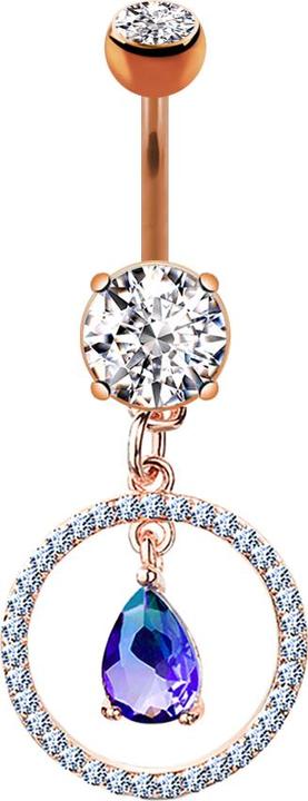 Star Piercing Banane rosegold mit Anhänger Kreis mit Kristallen und Kristalltropfen (Chirurgenstahl 316L, Messing)