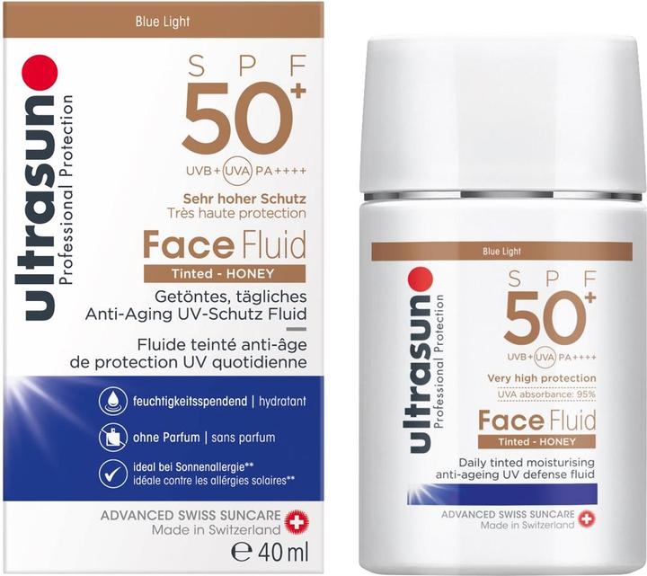 Actual product image Ultrasun Face Fluid SPF50+ Tinted HONEY (Sun lotion, SPF 50+, 40 ml, 72 g)