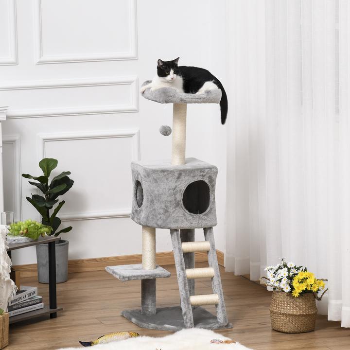 Produktbild PawHut Katzenbaum mit Katzenhöhle (120 cm, Hellgrau)