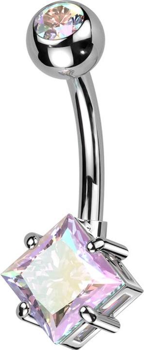 Star Piercing Banane silber mit Kugel silber Kristall multicolor und grossem quadratischem Kristall multicolor (Messing, Titan G23)