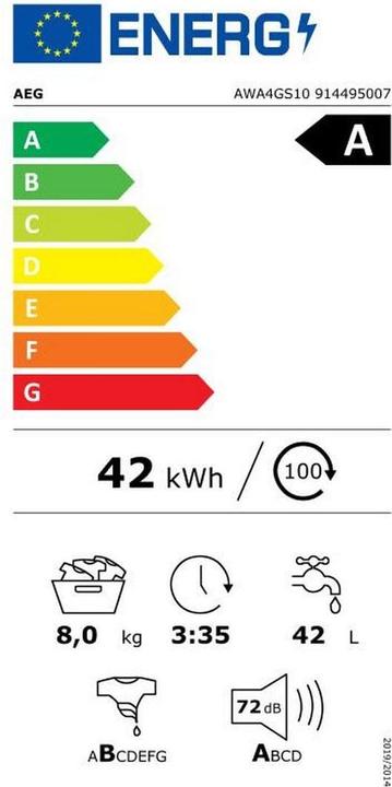 Energie-Label AEG by Electrolux Waschmaschine AWA4GS10 Links, Einsatzort: Einfamilienhaus (8 kg, Links, EU-Stecker)
