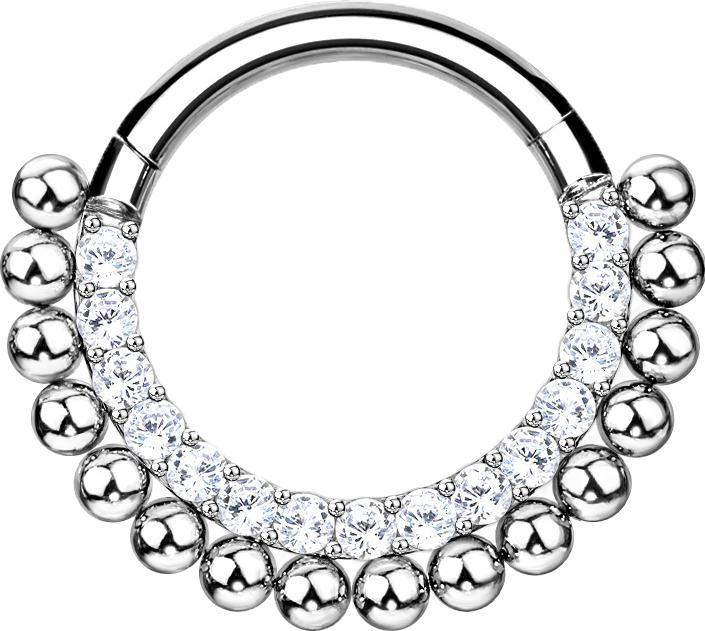 Produktbild Star Piercing Micro Segmentring klappbar silber front Kristalle silber und Kugeln (ohne Messing, Titan G23)