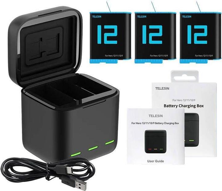 Image du produit Telesin Chargeur de boîte à trois canaux + 3 batteries (GoPro Hero 9, GoPro Hero 11, GoPro Hero 10, GoPro Hero 12)