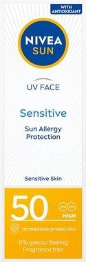 Actual product image NIVEA Sun Sensitive krem ochronny do twarzy dla skóry wrażliwej SPF50 50ml (Suntan cream, SPF 50, 50 ml)