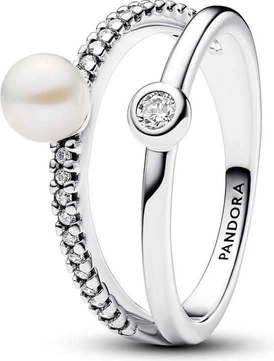 Pandora Behandelte Süsswasserzuchtperle & Pavé Doppelband-Ring (48, 925 Silber)