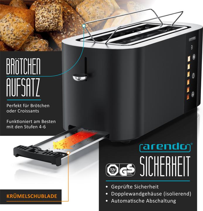 Produktbild Arendo Toaster Edelstahl 4 Scheiben Langschlitz, Restzeit & Bräunungsgradanzeige, Touch Display, 1500 W (EU-Stecker)