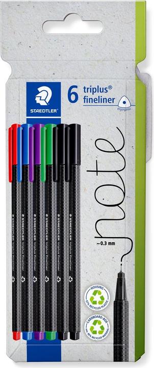 Actual product image Staedtler Fineliner triplus rPP, 6 Stück (Black, Violet, Blue, Red, Green, 6 x)