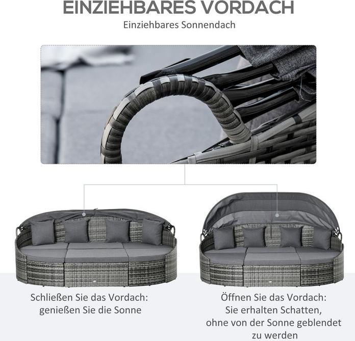 Produktbild Swisshandel24 Rattan Sonneninsel 4-teilige Liegeinsel mit Sonnendach Sitzgruppe 4 Kissen Metall Grau 230 x 145 x 8