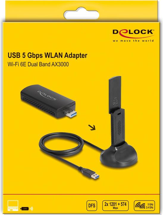 Produktbild Delock Wi-Fi 6E Dualband WLAN USB Adapter AX3000 (2 x 1201 + (USB)