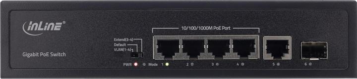 Actual product image InLine PoE+ Gigabit network switch 5 port (4x PoE+), 1xSFP, 1Gb/s, desktop, metal, fanless (5 Ports)