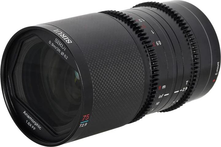 Image du produit Sirui Saturn 75mm T2.9 1.6x E75B Carbon Fiber Full-frame Anamorphic E Mount (Blue Flare) (Sony E, Plein format)