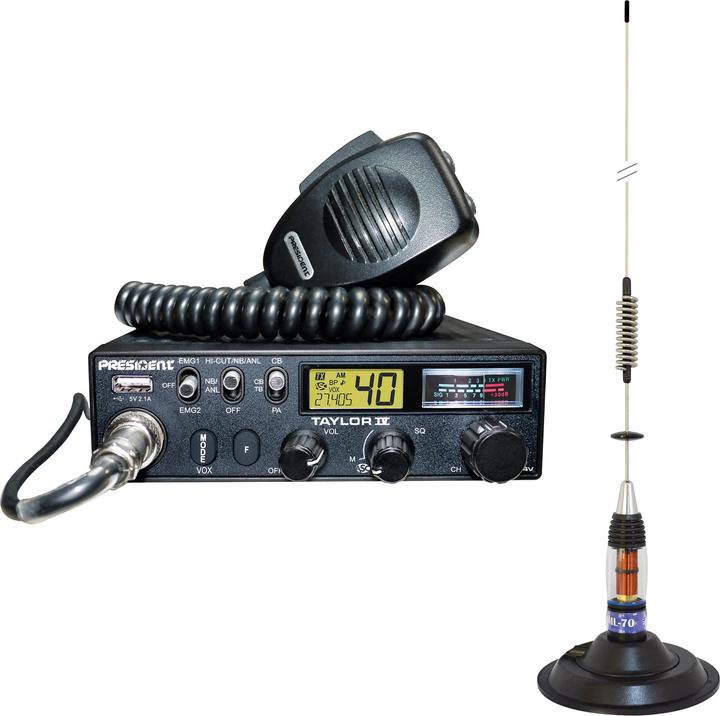 PNI President TAYLOR IV ASC CB-Funkpaket + ML70 CB-Antenne, Länge 70 cm, 26–30 MHz, 200 W