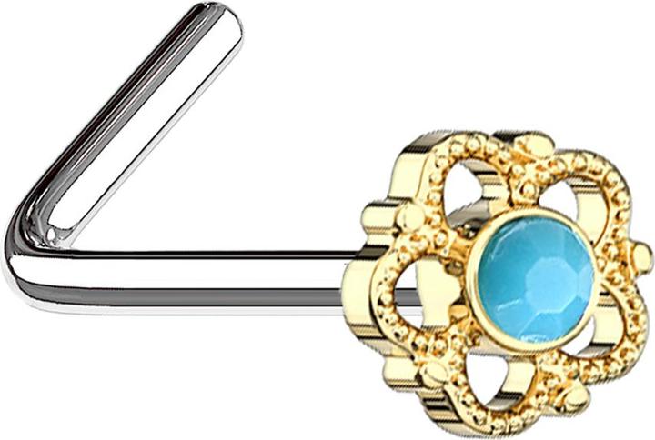 Star Piercing Nasenstecker gewinkelt vergoldet Blume mit türkis Stein (Messing, Mineralisch, Chirurgenstahl 316L)