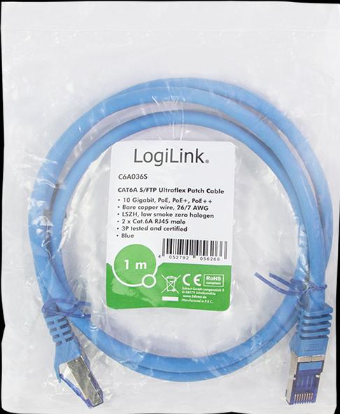 Produktbild LogiLink Patchkabel Ultraflex, Kat.6A, S/FTP, 1,0 m, blau (S/FTP, CAT6a, 1 m)