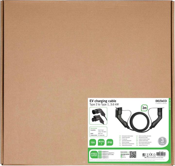Productafbeelding Deltaco Typ 2 auf Typ 1 Kabel (Type 1, 3.60 kW, 16 A, 3 m)
