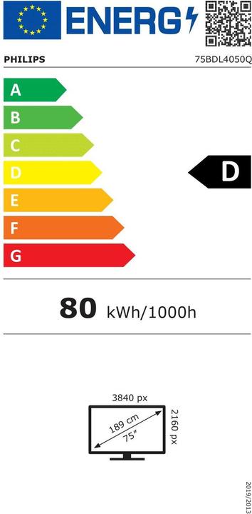 Energie-Label Philips Signage Display 75BDL4050Q/00 75", 24/7, 500cd/m², 25% Haze (3840 x 2160 Pixel, 74.50")