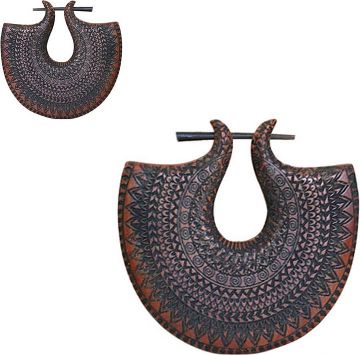 Star Piercing Ohrring Teller Mandala Graviert aus Saba Holz (Organisch, ohne Messing)
