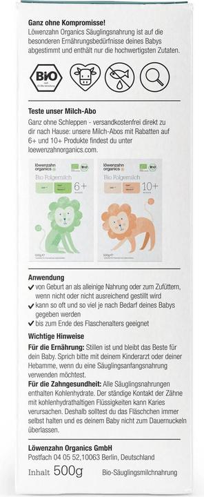 Nährwerte und Zutaten Löwenzahn Organics Bio Pre Anfangsmilch (500 g, ab Geburt)