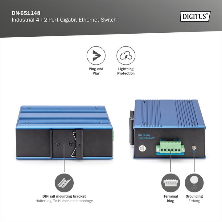 Immagine prodotto Digitus Switch Gigabit Ethernet a 4+2 porte industriale (6 Porti)