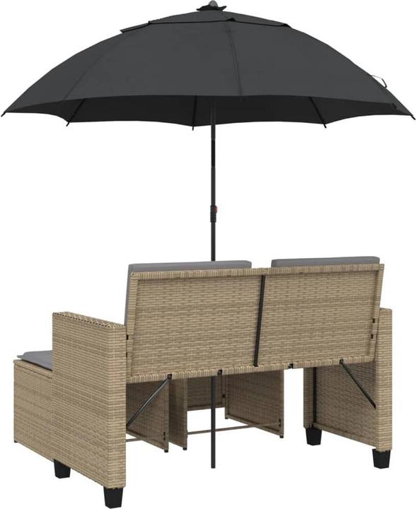 Produktbild VidaXL Gartensofa 2-Sitzer Sonnenschirm und Hocker Poly-Rattan
