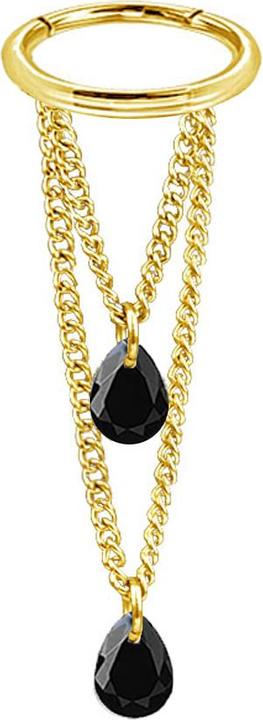 Image du produit Star Piercing Micro anneau segment pliable pendentif doré horizontal deux chaînes deux cristaux ovales noir (Acier chirurgical 316L, sans laiton)