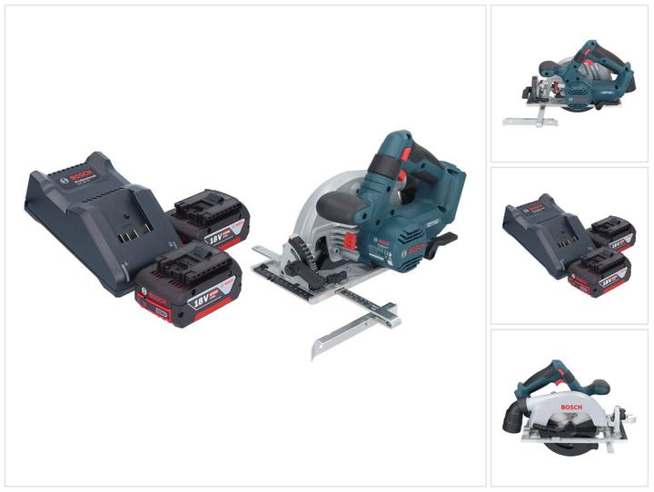 1x Bosch GAL 18V-40 Ladegerät, 1x Kreissägeblatt, 1x Parallelanschlag, 2x Bosch GBA 18 V / 4 Ah / 4000 mAh Li-Ion Akku, 1x Bosch GKS 18V-57-2 Professional Akku Handkreissäge