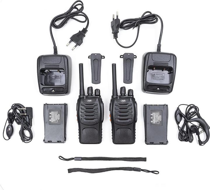 Produktbild PNI Packung mit 6 tragbaren PMR R40 PRO-Radios, Batterien, Ladegeräten und Kopfhörern im Lieferumfan