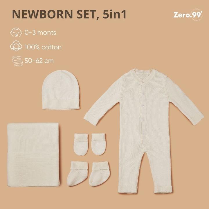 Actual product image Zero.99 Newborn Set 5 pcs. - Blanket, Buttoned Sleepsuit, Scratch Mitts, Booties, Hat, Cream (50, 56, 62, 68)