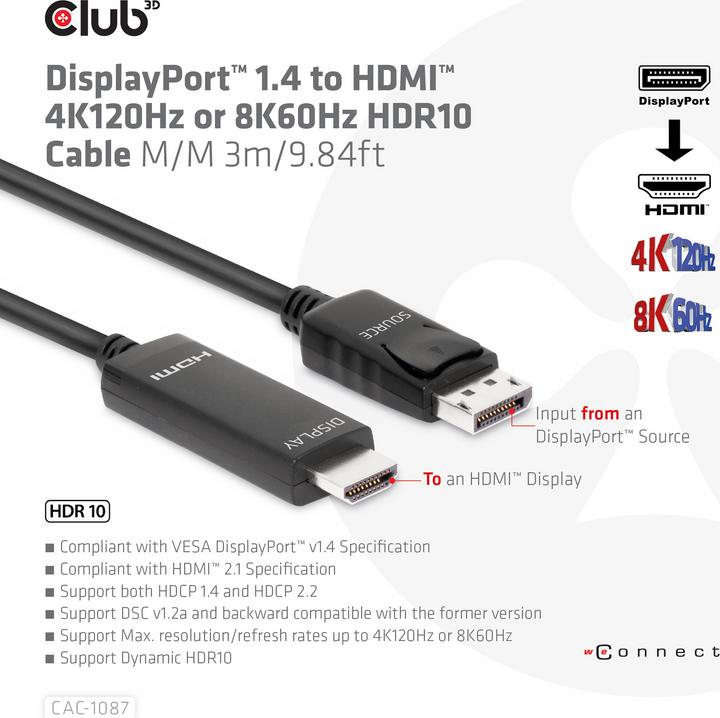 Image du produit Club 3D HDMI (Typ A) — DisplayPort (3 m, DisplayPort)