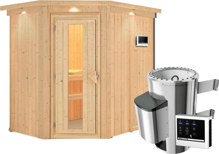 Actual product image Karibu Sauna Caspin corner entry, cornice (Plug & Play 3.6 KW external control)
