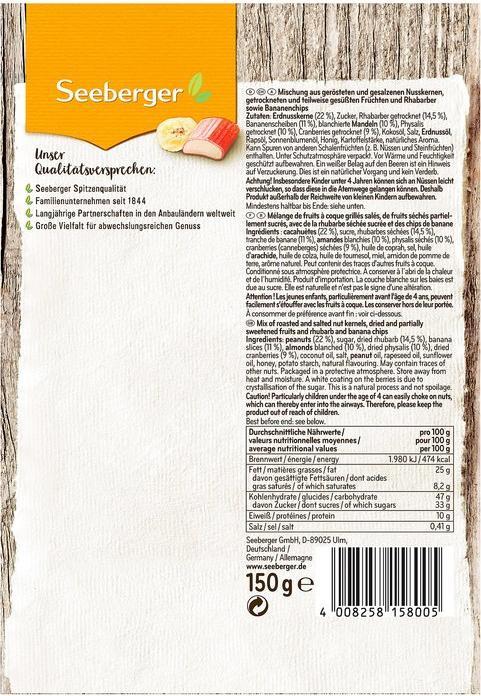 Nährwerte und Zutaten Seeberger Trail-Mix (150 g)