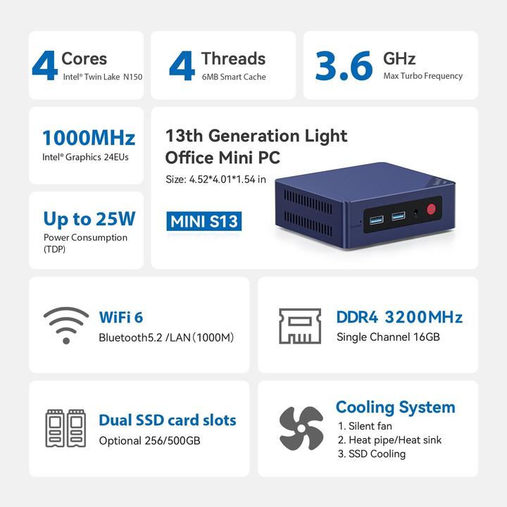 Produktbild Beelink Mini PC S13 (Intel N150, 16 GB, 500 GB)