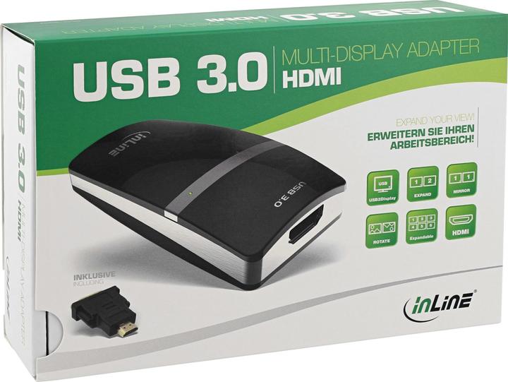 Produktbild InLine USB Grafikkarte USB 3.0 zu HDMI mit HDMI zu DVI Adapter max. 2048x1152 (HDMI, 15 cm)