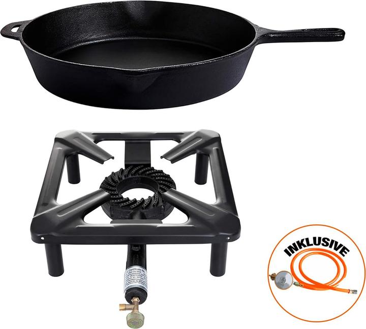 Image du produit All'Grill Kit de réchaud à tabouret (petit) avec poêle en fonte Ø 39 cm, tuyau de gaz et régulateur inclus (Casserole, Fonte)