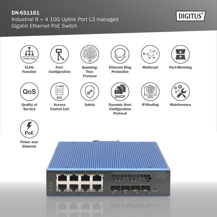 Actual product image Digitus Industrial 8 + 4 10G Uplink Port L3 managed Gigabit Ethernet PoE Switch (12 Ports)