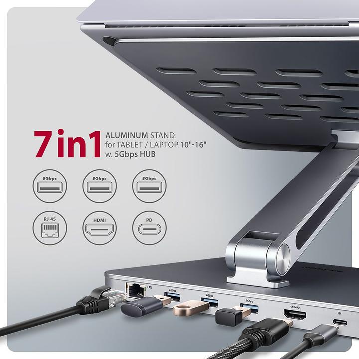 Produktbild Axagon HMC-STND Ständer für Laptops und Tablets, USB-C-Hub - silber (USB-C, 7 Ports)
