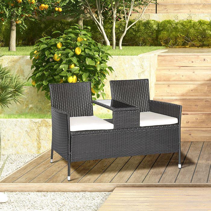 Produktbild Swisshandel24 Polyrattan Gartenbank Gartensofa Sitzbank mit Tisch 2-Sitzer Stahl Schwarz B133xT63xH84cm