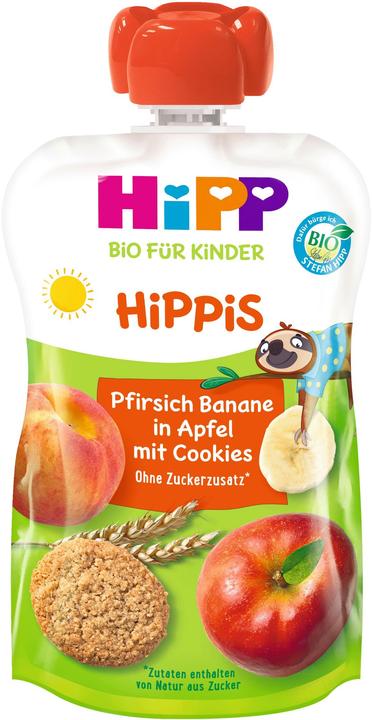 Actual product image Hipp Organic for Kids HiPPiS with Whole Grain Peach Banana in Apple with Cookies - Felix Sloth (100 g)