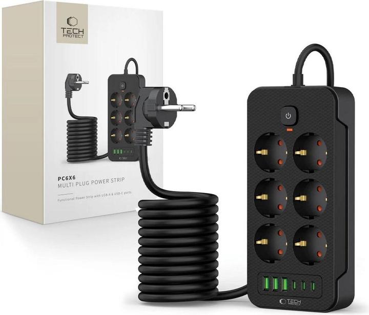 Actual product image Tech-Protect PC6X6 Power Strip 6 Sockets 240V + 3xUSB-A + 3xUSB-C 200cm - Black (3 x, USB-C, USB-A, 2 m)