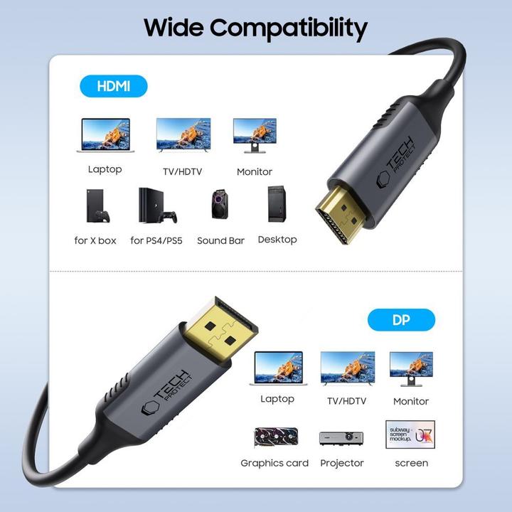 Produktbild Tech-Protect UltraBoost DisplayPort / HDMI 2.0 Cable 4K 60Hz 2m - Black (2 m, DisplayPort)