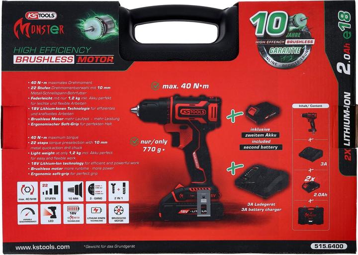 Productafbeelding KS Tools eMONSTER borstelloze accu klopboormachine en schroevendraaierset, 4-delig | 18 volt, 2 accu's en (Oplaadbare batterij)