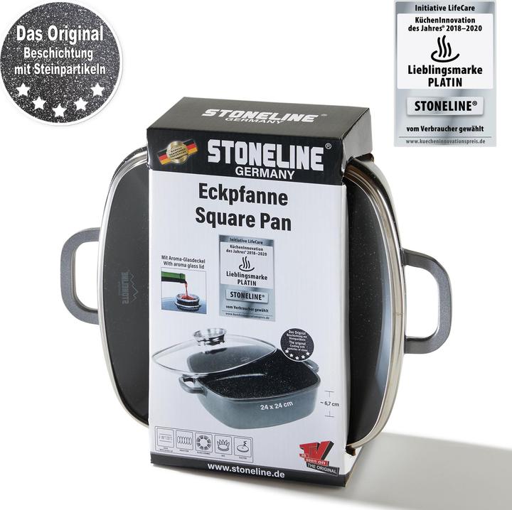 Produktbild Stoneline Eckpfanne 24x24 cm mit Aroma Glasdeckel, Pfanne rechteckig, Backofen, Induktion geeignet (Pfannenset + Topfset, Aluminium)